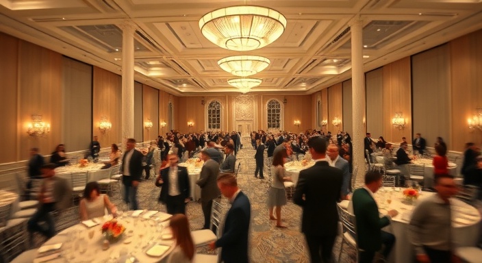 intricate venue planning, organized precision, orchestrating, photorealistic, bustling team setting up a lavish banquet hall, highly detailed, motion blur of people, high-resolution, neutral colors, overhead lights highlighting, shot with a 28mm lens.