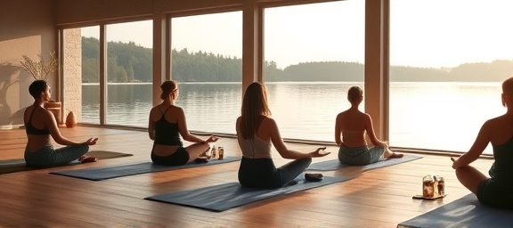 peaceful retreat space, calming, people meditating on yoga mats, photorealistic, cozy room with large windows overlooking a tranquil lake, highly detailed, gentle ripples on the water surface, smooth texture, soft neutral colors, warm afternoon sunlight, shot with an 85mm lens.
