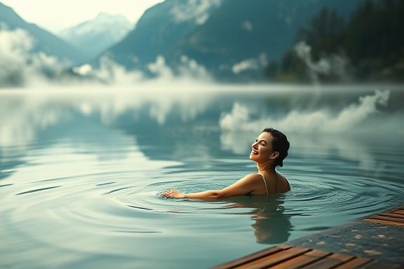 serene retreat spa, contentment, soaking in natural hot springs, photorealistic, at the edge of a tranquil lake surrounded by mountains and mist, highly detailed, steam rising from water surface, 85mm f/1.2 lens, soft blues and greens, diffused light, shot with a Canon EF 85mm f/1.2L II USM lens