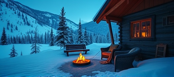 serene wellness retreat, reflective, journaling in a quiet cabin, photorealistic, set in a snowy mountain landscape, highly detailed, a crackling fire providing warmth, 4k resolution, cool blues and whites, candlelit glow, shot with a 35mm prime lens.