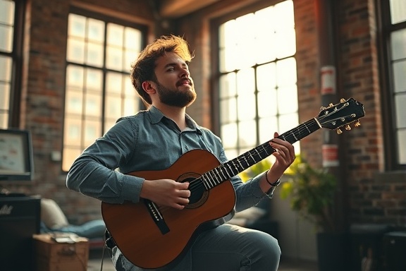 urban home escape, rejuvenated, playing guitar, photorealistic, loft with exposed brick walls and large windows, highly detailed, sunlight filtering through, shallow depth of field, urban grays and industrial chic, golden hour lighting, shot with a 35mm lens.