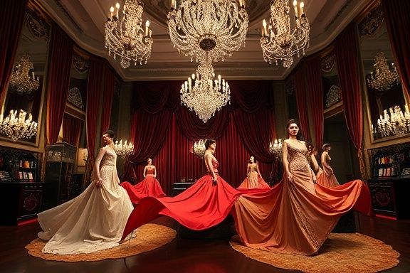 elegant retreat showcase, awe-inspiring, fashion models displaying high-end designs, photorealistic, opulent room adorned with chandeliers and velvet drapes, highly detailed, fabric flowing with motion, meticulously sharp, deep jewel tones, spotlight illumination, shot with a 135mm lens.