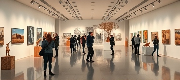 exquisite retreat exhibit, intriguing, visitors exploring sculptures, photorealistic, modern gallery space with polished floors and high ceilings, highly detailed, dynamic movement of people, fine-grained detail, rich autumn tones, ambient track lighting, shot with a 35mm lens.