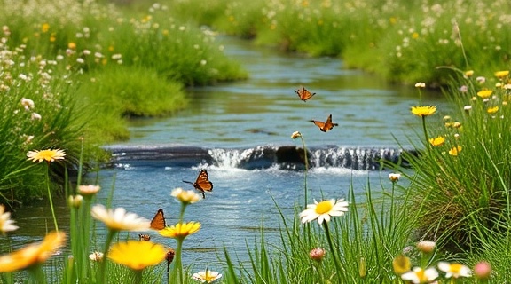 calming wellness relaxation, content, resting by a clear babbling brook, photorealistic, in a meadow dotted with wildflowers, highly detailed, butterflies dancing around, 4k resolution, pastel yellows and pinks, soft morning light, shot with a 24-70mm zoom lens.