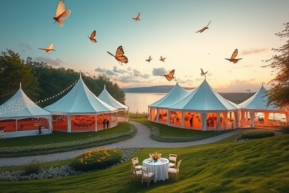 stunning venue outdoor, captivating scenery, hosting, photorealistic, lakeside covered with white tents and fairy lights, highly detailed, butterflies fluttering, wide-angle shot, soft greens and blues, golden hour lighting, shot with a 24mm wide lens.