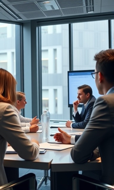 corporate meeting, focused discussion, debating, photorealistic, in a sleek boardroom with large windows, highly detailed, presentation slides visible, 35mm lens, neutral tones, ambient office lighting, shot with a Sony A7R IV