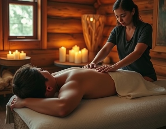 peaceful retreat wellness, calmness, receiving a therapeutic massage, photorealistic, inside a cozy log cabin spa with scented candles, highly detailed, masseuse focusing on relaxation techniques, 35mm f/1.8 lens, warm earthy colors, ambient mood lighting, shot with a Nikon AF-S DX NIKKOR 35mm f/1.8G lens