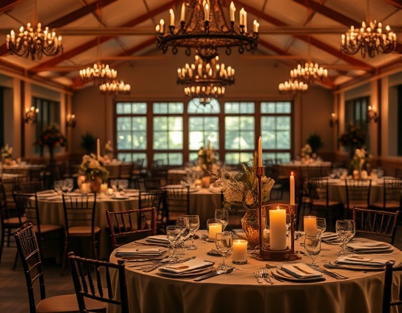 exquisite venue decor, sophisticated charm, arranging, photorealistic, vintage styled reception area with rustic centerpieces, highly detailed, flickering candlelights, low aperture, pastel colors, subtle afternoon light, shot with a 50mm prime lens.
