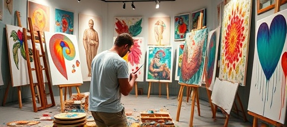 inspiring retreat art, contemplative, artist painting on a canvas, photorealistic, gallery filled with vibrant artworks, highly detailed, paint splatters and brushes scattered around, crisp image, vivid colors, diffused studio lighting, shot with a 50mm prime lens.