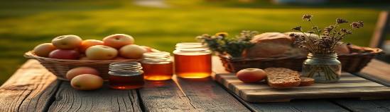 Rustic farm table with apples, honey, bread, and flowers at golden hour near Greene, NY